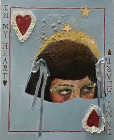 a painting of a woman's face with hearts and stars around her head, on a blue background