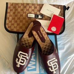 These Are A Limited Edition Sf Gucci Loafer Slide. They Come With A Pochette Dust Bag, Verification And A Cool Box. They Have Never Been Worn Before By The Left Shoe Has A Slight Scuff That Was There When We Had Gotten The Shoe. It Also Has A Sticker Stain. Gucci Loafers, Shoes Gucci, Cool Box, Gucci Shoes, Dust Bag, Limited Edition, Loafers, Stain, Gucci