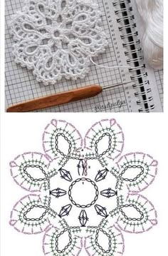 crocheted doily and knitting needles next to an image of the same doily