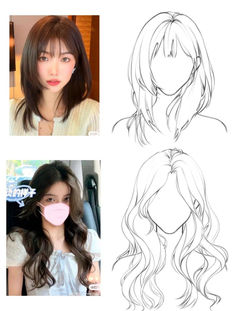 three different types of hair for girls with long hair and bangs, one is drawn in pencil