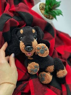 a hand is holding a small black and brown dog stuffed animal on a red blanket