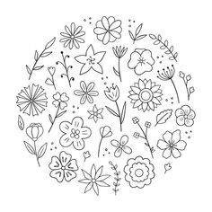 a black and white drawing of flowers in a circle