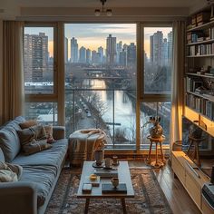 a living room filled with furniture and a large window overlooking a cityscape in the distance