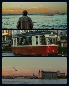 two different views of a man standing on top of a train near the ocean and an airplane flying above