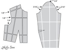 the front and back view of a sewing pattern, with measurements for the top section