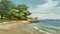 a painting of a beach with trees on the shore