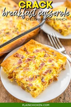 a close up of a plate of breakfast casserole on a wooden table with text overlay