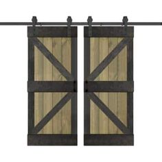 an open sliding door with wooden planks and metal bars on the outside, isolated against a white background