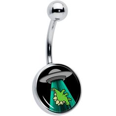 Product Details Hypoallergenic belly ring for sensitive skinAlien UFO Dinosaur Abduction Belly Ring The aliens pictured on this 14 gauge navel ring may have gotten more than they bargained for. It is made with a 7/16 inch durable stainless steel curved barbell with a 5mm top ball end. The bottom end features a charm of an alien space craft on a black background. The alien ship appears to be using a tractor beam to abduct an unsuspecting stegosaurus. Dinosaur lovers and alien aficionados alike can rejoice in this funky dinosaur and alien themed belly piercing ring.Specifications14 Gauge (1.6mm), 7/16" (11mm), 316L Surgical Grade Stainless Steel, Logo Inlay Alien Pictures, Pregnancy Belly Rings, Belly Piercing Jewelry, Alien Ship, Belly Piercing Ring, The Aliens, Space Craft, Navel Jewelry, Dangle Belly Rings