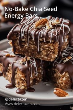 no - bake chia seed energy bars with chocolate drizzle and pecans