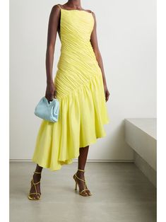 RASARIO Asymmetric ruffled linen-blend dress | NET-A-PORTER Yellow Fashion, 2024 Collection, Classy Dress, Chic Dress, Yellow Dress, Net A Porter, Classy Outfits, Spring Summer Fashion, Linen Blend