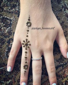 a woman's hand with green and white designs on her left hand, which is decorated