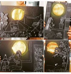 four different pictures of a child holding up a chalkboard with the moon in it