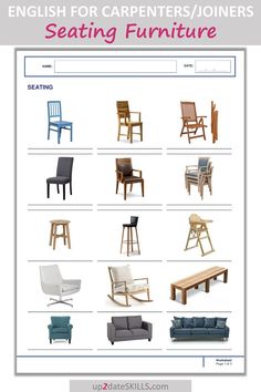 the english for carpenters / joinrs seating furniture is shown in different colors and sizes