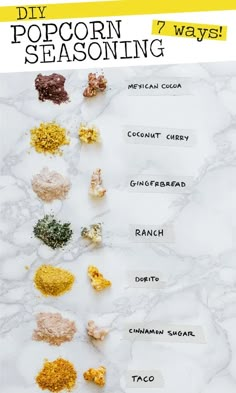 the ingredients for popcorn seasoning on a marble counter top with text overlay that reads diy popcorn seasoning 2 ways