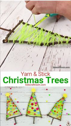 yarn and stick christmas tree craft for kids to make on the white wood floor with text overlay that says yarn and stick christmas trees