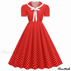 Olivia Mark - Vintage Collar Short Sleeve Dress with Bow Tie Strap Polka Dot Checkered Print Vintage Swing Skirt Dress With Bow Tie, Checkered Print, Checker Print, Hem Skirt, Red Polka Dot, Short Sleeve Dress, 1950s Vintage, Types Of Skirts, Collar Dress