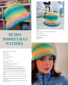 a woman wearing a multicolored crochet hat with text overlay that says retro bucket hat pattern