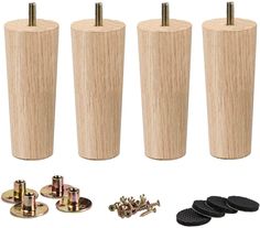 four wooden cup holders with screws and wood studs on each side, all in different sizes