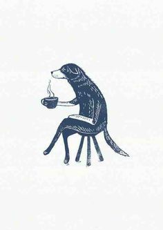 a drawing of a dog sitting on a stool drinking coffee from a cup with its paw up