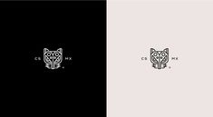 the logo for an animal company is designed in black and white, with a stylized tiger's head