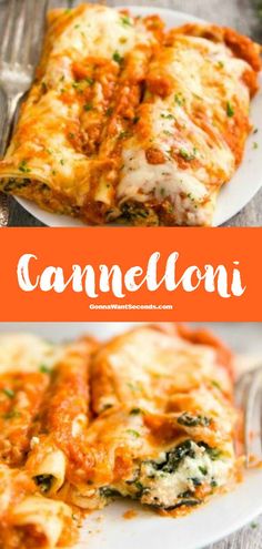 two plates with lasagna casserole on them and the title overlay reads, cannelloni