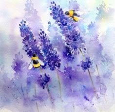 watercolor painting of bees and lavender flowers