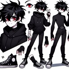 an anime character with black hair and red eyes, wearing all black clothes and converse shoes