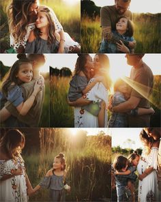 a collage of people hugging and kissing each other in a field with the sun behind them