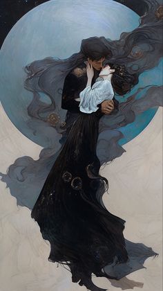 a painting of a woman holding a child in front of a full moon and stars