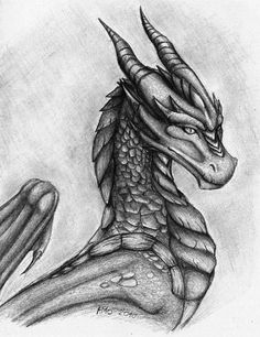 a pencil drawing of a dragon with horns on it's head and long tail