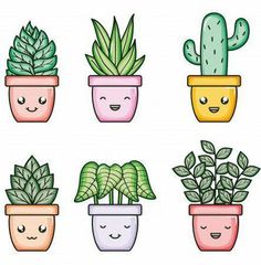 four potted plants with faces drawn on them, one is smiling and the other has eyes