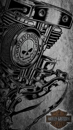 the harley davidson logo is shown on a black and white background with an image of a motorcycle