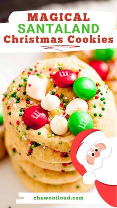 a stack of cookies with candy on top and santa clause hat in the background text reads,