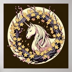 a drawing of a unicorn surrounded by flowers and leaves in a circular frame on a wall