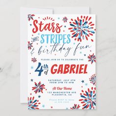 a fourth of july birthday party card with fireworks and stars on it, in red white and blue colors