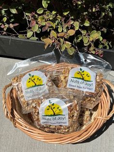 nuts of joy sitting in a basket next to a potted plant