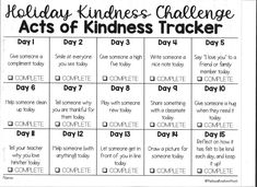 a printable holiday kindness challenge for kids with the words,'acts of kindness tracker day