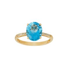 Add a bit of happiness and a splash of blue to your day that will illuminate any look. This ring resembles the clear blue sky with a 10 by 8 mm oval-cut Swiss blue topaz and round-cut diamond accent stones all crafted in a 10K yellow gold setting. This eye-catching design will make any outfit pop. Size: 9.  Gender: female.  Age Group: adult. Elegant Oval Yellow Topaz Ring, Yellow Oval Topaz Ring Hallmarked, Yellow Oval Topaz Ring With Polished Finish, Fine Jewelry Yellow Oval Topaz Ring, Yellow Topaz Ring In 14k Gold, Birthstone, Senior Rings, Swiss Blue Topaz Ring, Gold Branding, Yellow Gold Setting