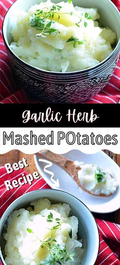 Collage of bowlful of garlic onion mashed potatoes at top and bottom.