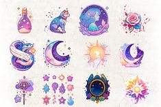 an assortment of watercolor tattoos on a white paper with stars, moon and crescents