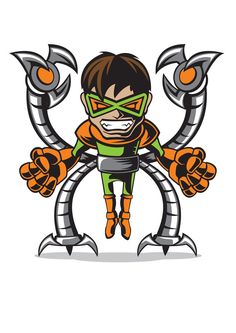 an orange and black cartoon character with two claws on his chest, wearing a green mask