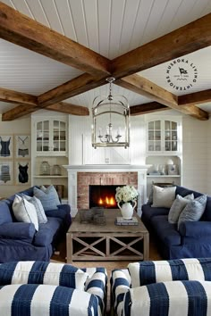 a living room filled with furniture and a fire place in the middle of a room