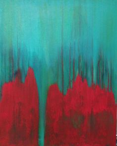 an abstract painting with red and green colors