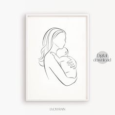 a black and white drawing of a woman holding a baby in her arms with the words,