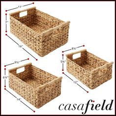 three baskets are shown with measurements for each basket and the size to fit them in