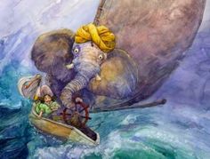 an elephant riding on top of a boat in the ocean