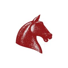 a red horse's head is shown on a white background with the word,