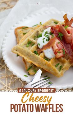 a white plate topped with waffles covered in bacon