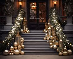 christmas decorations and lights on the steps of a building in front of a staircase leading up to an entrance